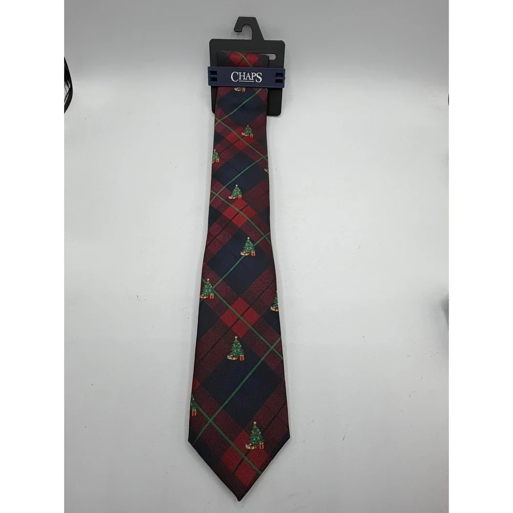 Chaps Mens Christmas Tree Plaid Necktie Navy Red Green Holiday Tie NEW